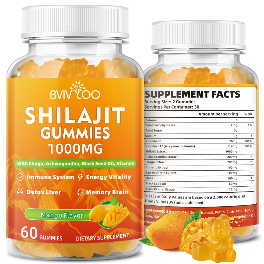 Shilajit Gummies 1000mg Sokeriton - Shilajit täydentää miehille ja naisille - korkea 85+ Trace Minerals & Fulvic Acid - energia, aivot, immuniteetti - 60 Gummies