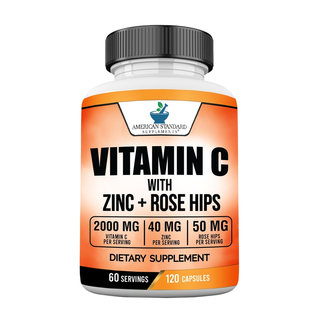 American Standard Supplements C-vitamiini 2000mg, Sinkki 40mg, ja Rose Hips 50mg per Serving, Vegan, Gluteeniton, ei-GMO (120 Count)