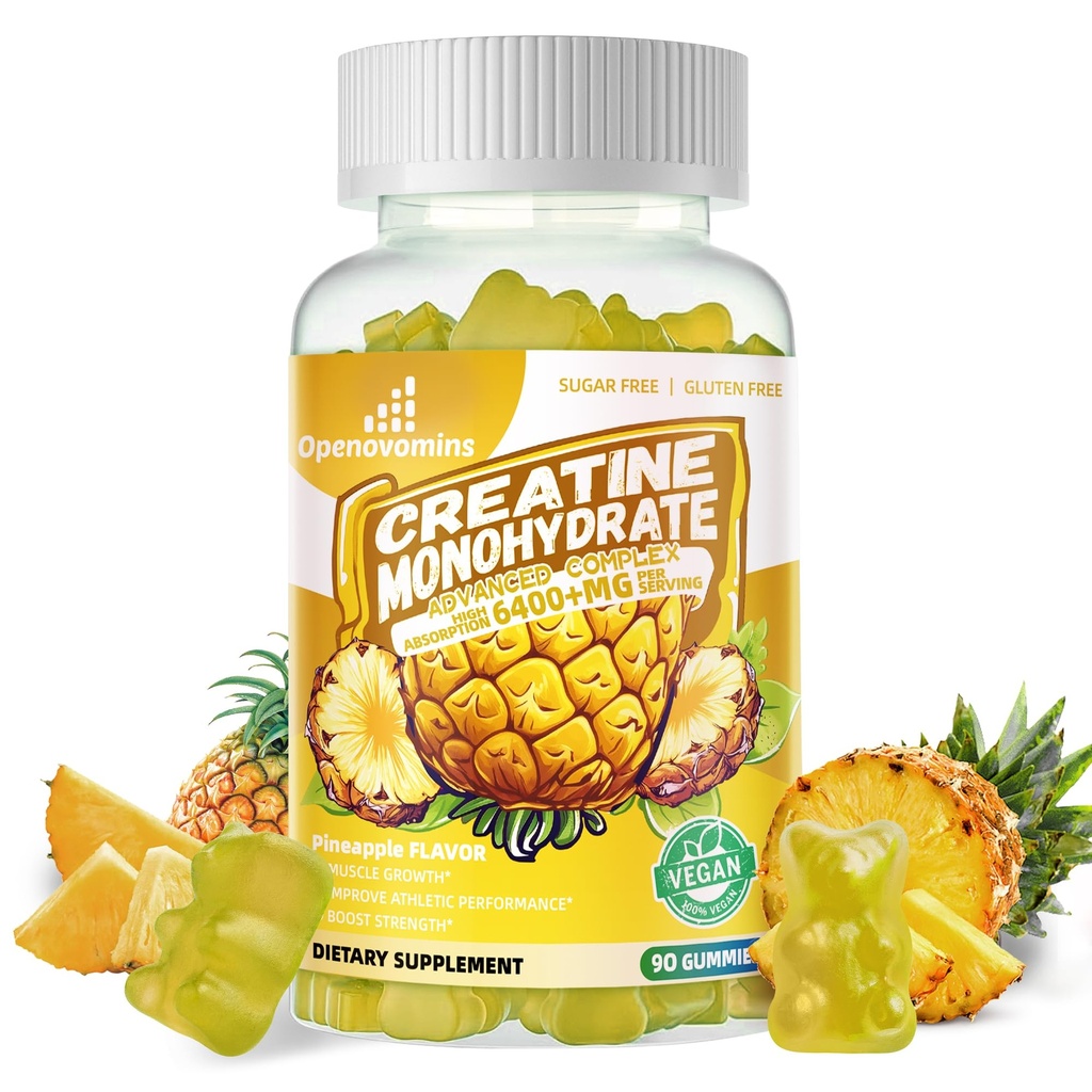Kreatinmonohydrat Gummies Komplex för män och kvinnor -Avancerad Formel W/L-Taurin + Vitamin B12, Sugar Free Chewable Supplement,90 Pineapple Gummies
