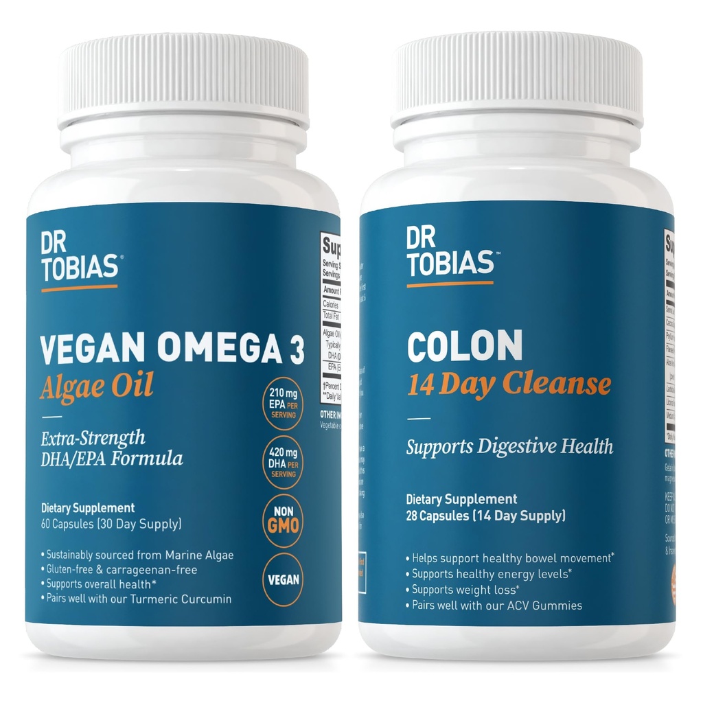 Dr Tobias Vegan Omega 3 Algae Oil och Colon 14 Day Cleanse för förbättrad matsmältning, Gut & Immune Support och övergripande hälsa