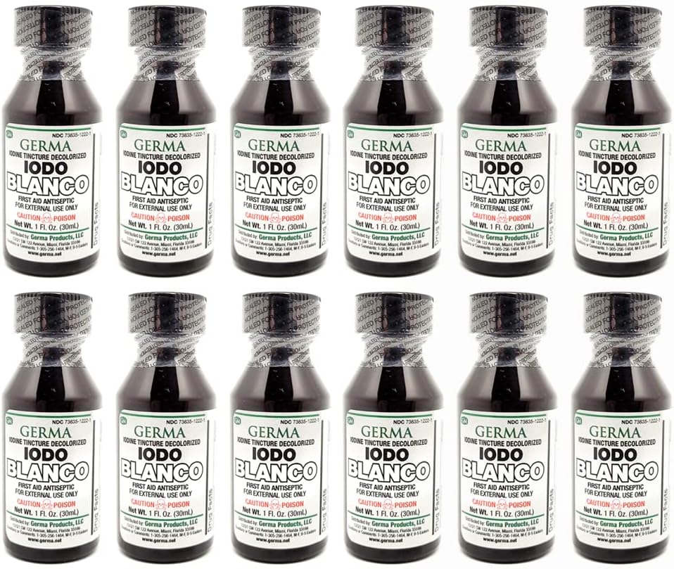Germa White Iodine Tincture. Första hjälpen Antiseptic. för mindre skrapor, skär, Bruises och Burns. Förhindrar hudinfektion. 1 uns. Förpackning med 12