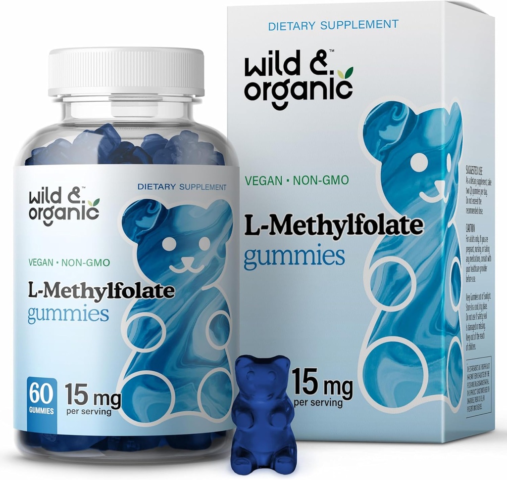 Wild & Organic L-Metyylifolate 15mg Gummies - Mood & Brain Support - Folaatti 5-MTHF täydennysosa aivoihin, Focus, Clarity - Folaatti täydennysosa w/Vitamin B9-60 ei-GMO L Metyylifolate Gummies