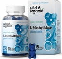 Wild & Organic L-Metyylifolate 15mg Gummies - Mood & Brain Support - Folaatti 5-MTHF täydennysosa aivoihin, Focus, Clarity - Folaatti täydennysosa w/Vitamin B9-60 ei-GMO L Metyylifolate Gummies