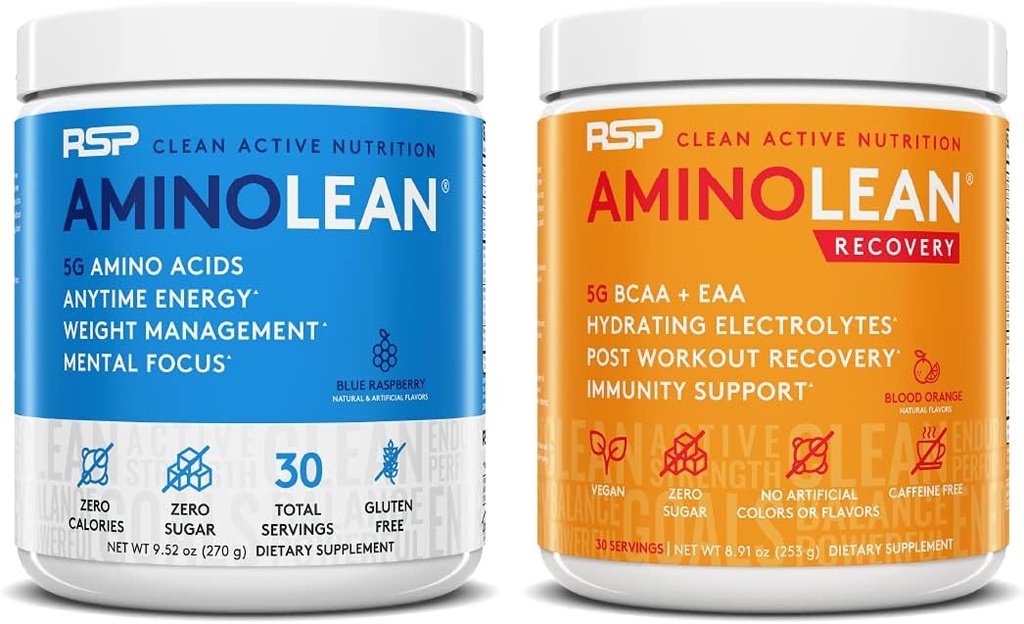 RSP NUTRITION AminoLean Pre harjoitus energia (sininen vadelma 30 Servings) kanssa AminoLean Recovery Post harjoitus Boost (Blood Orange 30 Servings)