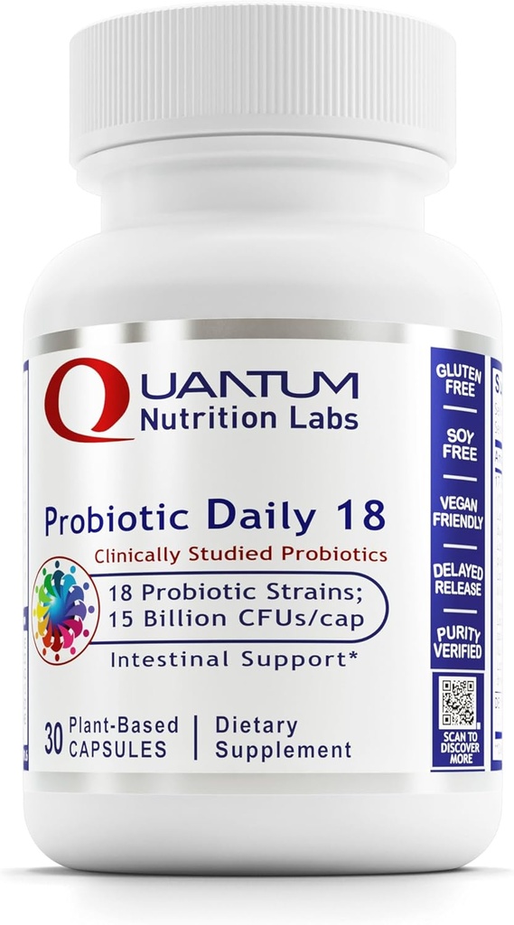 Quantum Nutrition Labs Probiootit Daily 18 - Probiootit digestiiviselle terveydelle, probiootit naisille ja miehille Lactobacillus Acidophilus, Reuteri for Healthy Gut Microbiome - 30 Kasvissyöjän kapselit