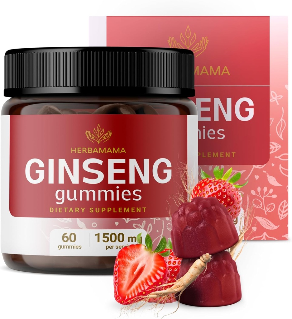HERBAMAMA Panax Ginseng Gummies - 1500mg Korean punainen ginseng juuri energiatukea - Vegan, ei-GMO Red Panax Immuuni tuki täydentää - 60 Pektiini-Baseed mansikka-Flavored Chews