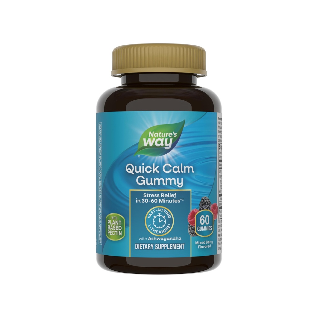 Nature's Way Quick Calm Gummies, L-Theanine for Relaxation*, Fast-Acting, Stress Relief från L-Theanine Inom 30-60 minuter *, med Ashwagandha, Vegetarian, Mixed Berry Flavored, 60 Gummies