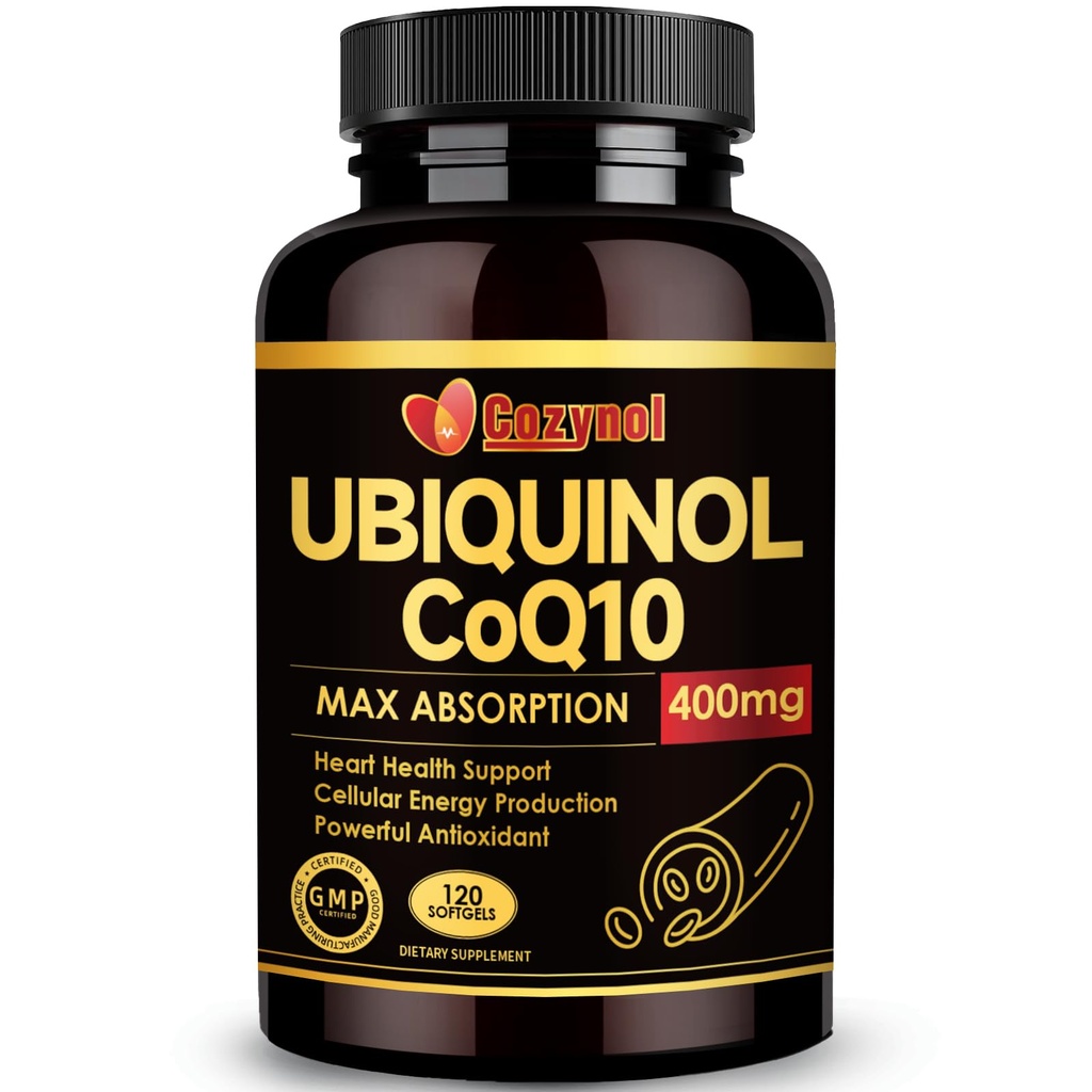 Ubiquinol CoQ10 400 mg Softgels E-vitamiinin & Omega-3, Max-Absorption Coenzyme Q10, Tehokas antioksidantti, tukee sydämen terveyttä ja energian tuotantoa,120 kreivi, ei-GMO