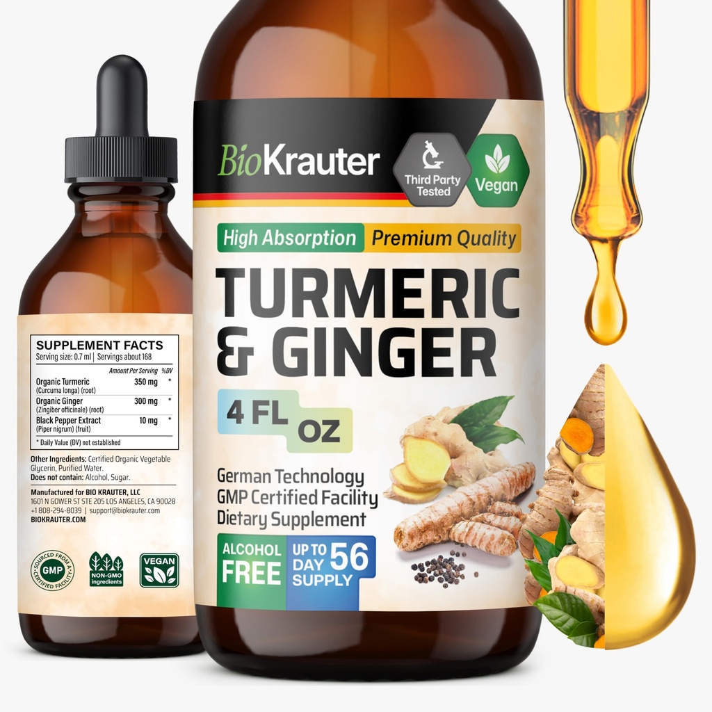 BIO KRAUTER® Turmeric and Ginger Supplement - Pure Vegan Liquid Turmeric & Ginger Tincture med Pepper 4 Fl.Oz 56 Days of Supply - Curcumin Drops för Joint Support, Antioxidant & Immune Support