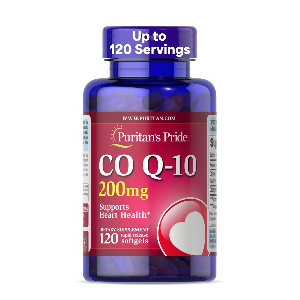 Puritans Pride Coenzyme CoQ10 200mg, Kosttillskott för hjärthälsa, blodtryck, Oral Gum Health och Healthy Aging Support, 120 portioner, Rapid Release Softgels