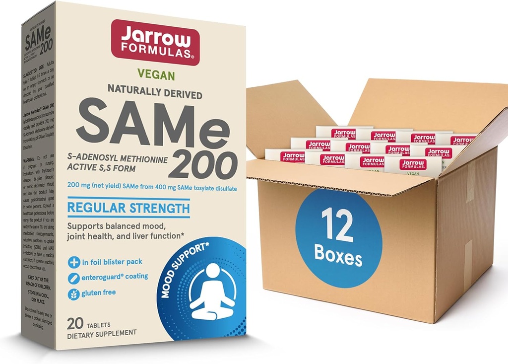 Jarrow Formulas Samma 200 mg, stöder gemensam hälsa, leverfunktion, hjärnmetabolism, 20 tabletter, upp till en 20-dagars leverans (Pack of 12)
