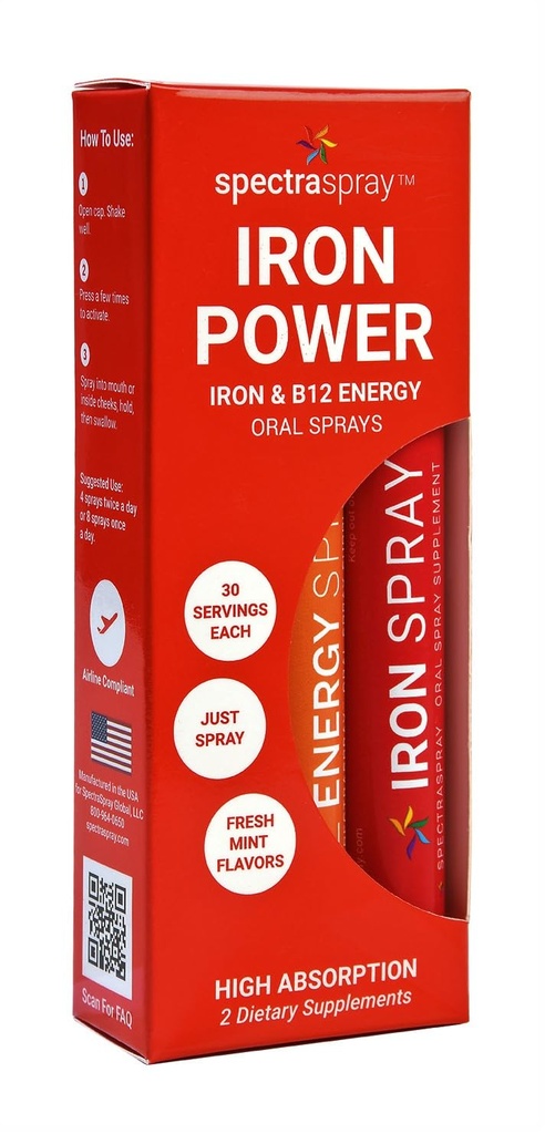 SpectraSpray Iron & B12 Vitamiini Liquid Oral Spray Kit - Food Grade Iron kuin Essential Daily Mineral and B12. Vegaani, gluteeniton & erittäin tehokas, 30 päivän toimitus per ruisku