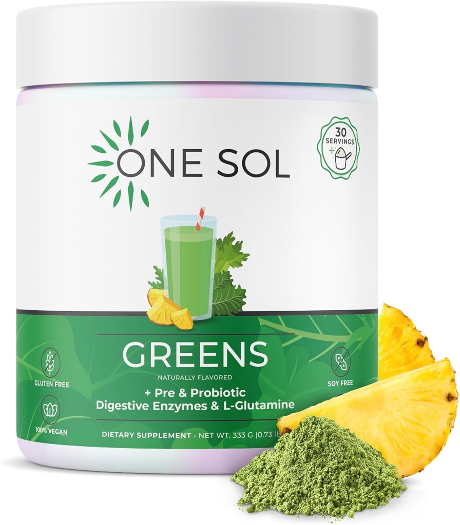Yksi Sol Greens, Super Greens Powder vähentää turvotusta ja parantaa Gut Health, Superfood Fresh Bloom Organic Greens Blend Juice & Smoothie Mix, Pre & Probiootti kanssa Dgestive Enzymes, Vegan & Soy Free