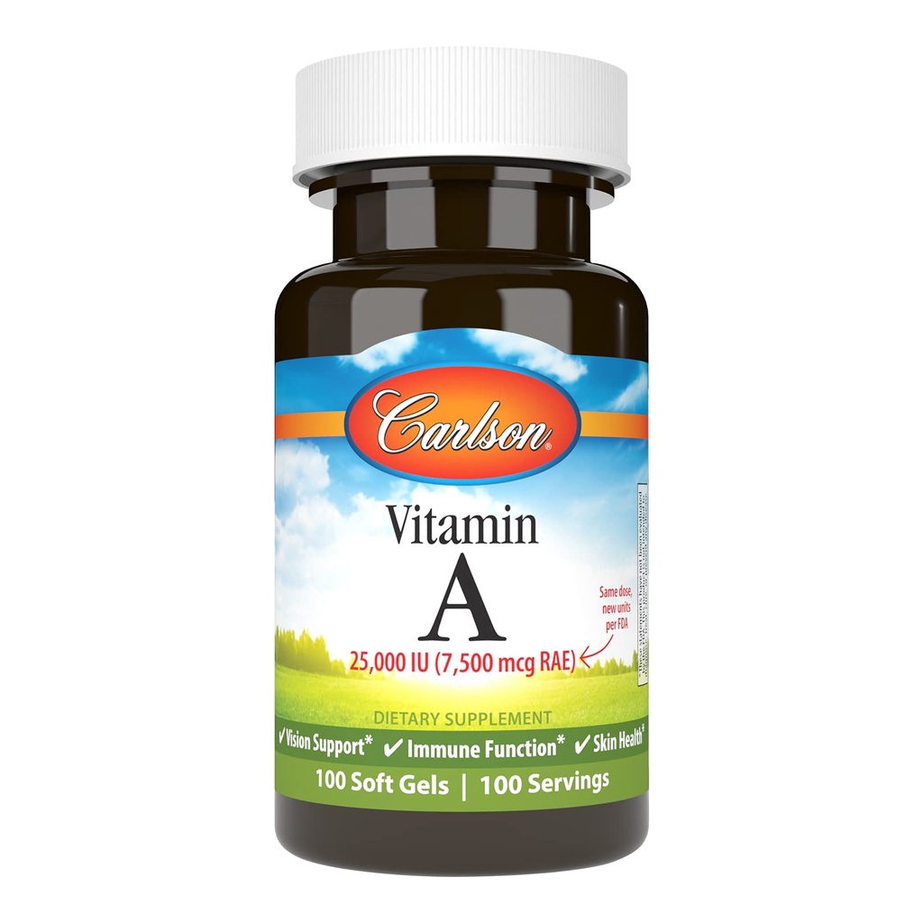 Carlson - A-vitamiini, 25000 IU (7500 mikrog RAE), Vision & Skin Health, Immuunifunktio, 100 pehmeää geeliä