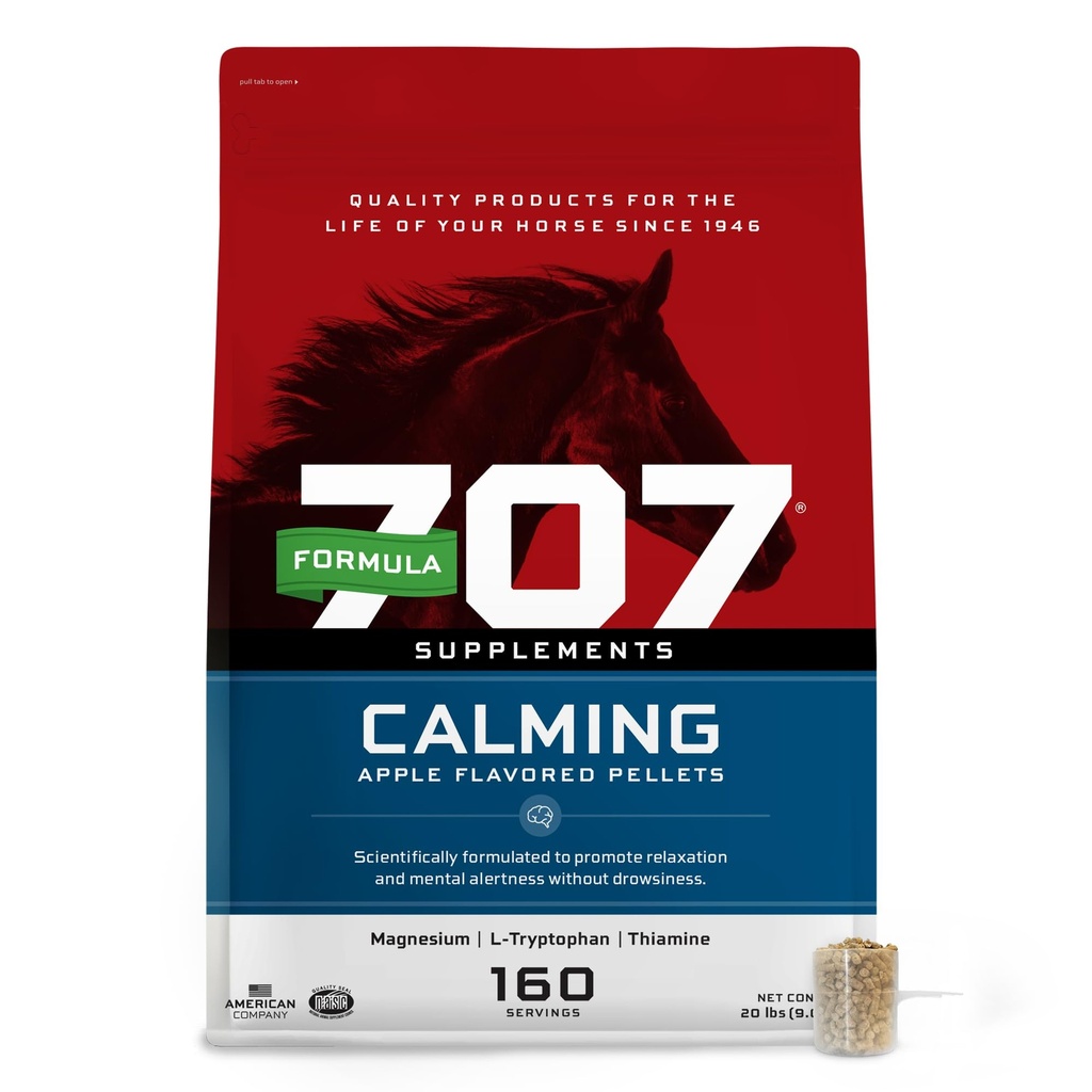 Formel 707 Calming Equine Supplement 20LB Bag - 160 portioner - Anxiety Relief och förbättrad fokus för hästar - L-Tryptophan, Thiamine & Magnesium