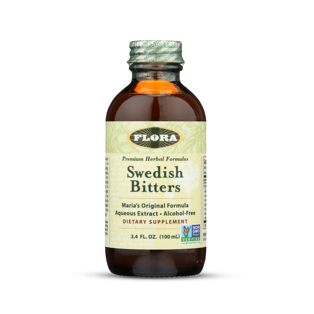Flora - Swedish Bitters for Digestion, Alkoholittomat Bitters Help Bloating & Digestion, Maria's Original Formula Aqueous Extract, Vegan, Kosher, Non GMO, 3.4-fl. oz. Lasipullo
