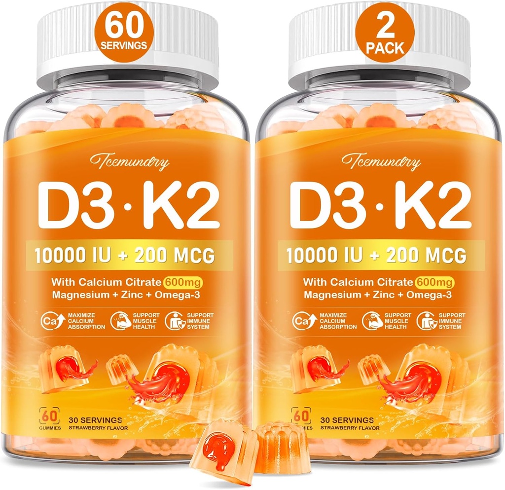 Vitamin D3 K2 5000IU / 10000 IU Gummies för vuxna - K2 D3 Vitamin Supplement med 600mg Calcium, K2 (MK-7) 200mcg, Magnesium, Zink, Omega-3 - Stöder Calcium Absorption och Immunhälsa
