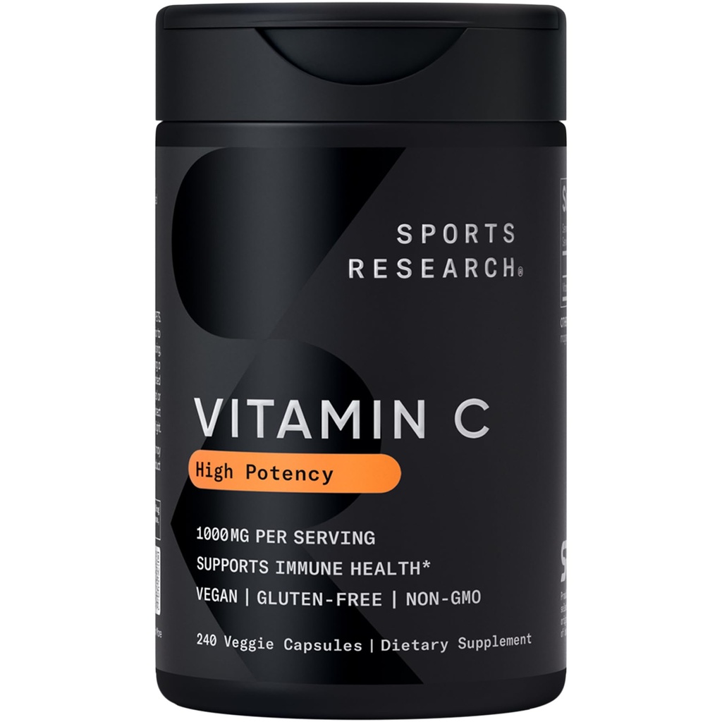 Sports Research High Potency C-vitamiinin lisäravinteet - Vegaani kasviskapseleita antioksidanttien aktiivisuutta & Immuunituki - ei-muuntogeeniset todennetut & gluteeniton - Askorbiinihappo C 1000 mg, 240