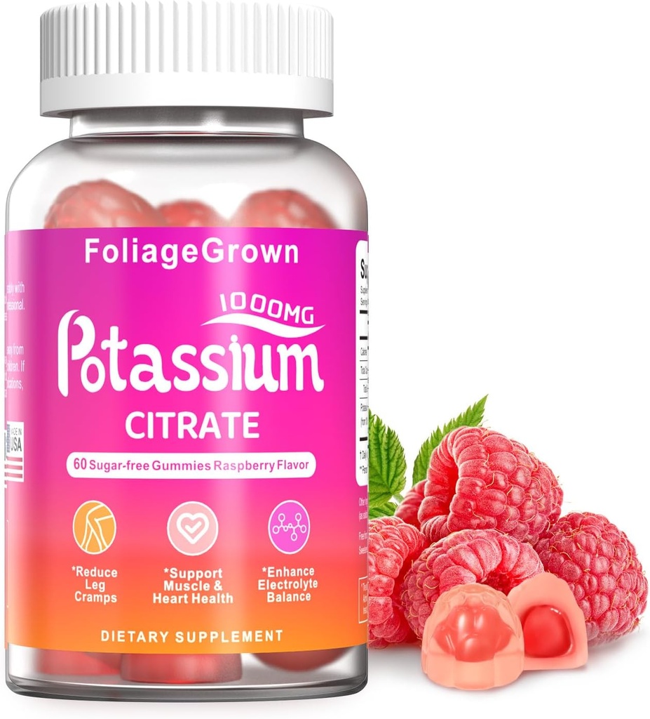 Kalium Supplement Gummies 1000mg - Kalium Supplement för Leg Cramps, Muscle & Heart Health - 1 månad Supplement (60 greve)