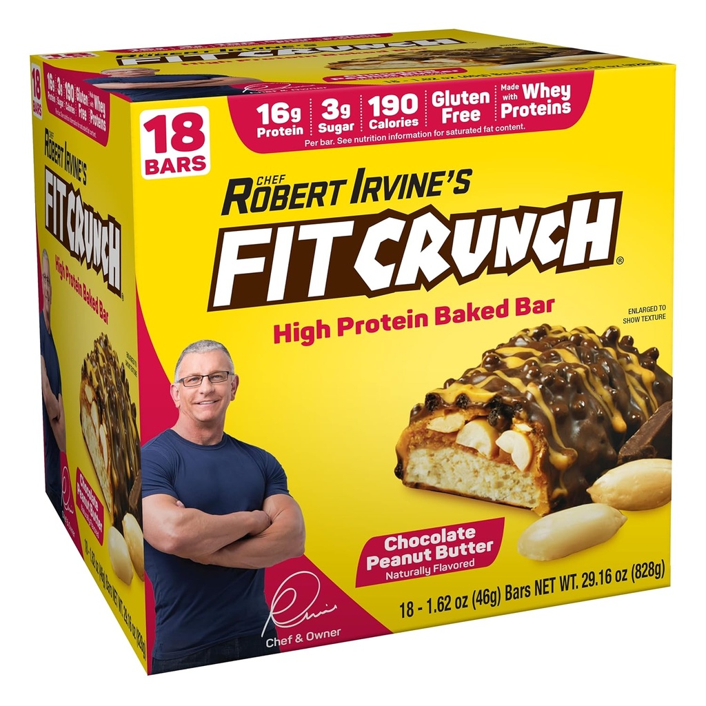 FITCRUNCH Välipalakoko Proteiinipatukat, 6-layer paistettu baari, 3 g sokeria & pehmeä kakku ydin (18 Bars, maapähkinävoi)
