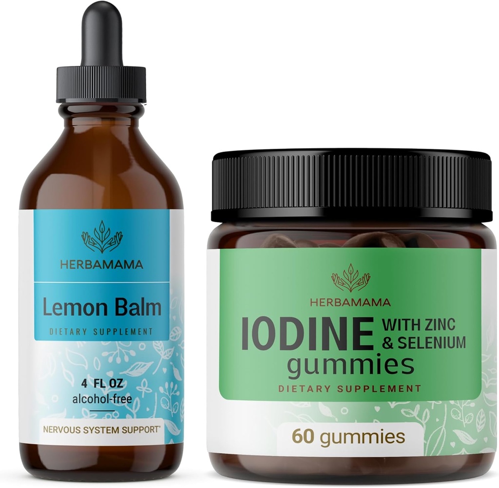 HERBAMAMA Lemon Balm ja Jodi Kit - Bundle of Lemon Balm Tincture 4 fl oz & Kaliumjodi Gummies - Vegaani, ei-muuntogeenisiä, alkoholia & liivate - 2 pakkaus