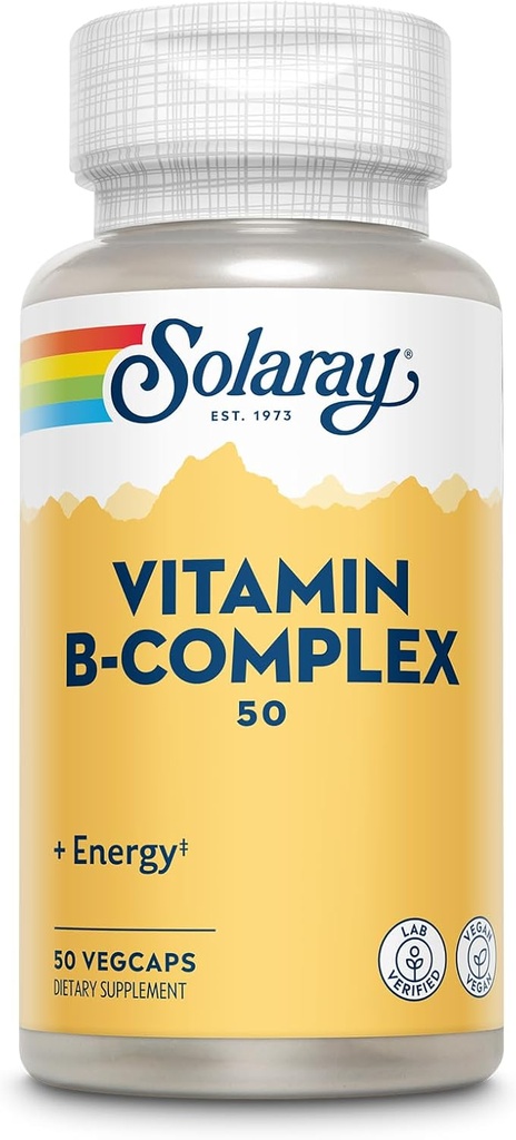 SOLARAY B-vitamiini Complex 50 mg - Solun energia vitamiinit - Aineenvaihdunta ja hermo terveys tuki B12-vitamiini, B1-vitamiini, B6, niasiini, Foolihappo, Biotiini ja muut B-vitamiinit - Vegan, 50 VegCaps