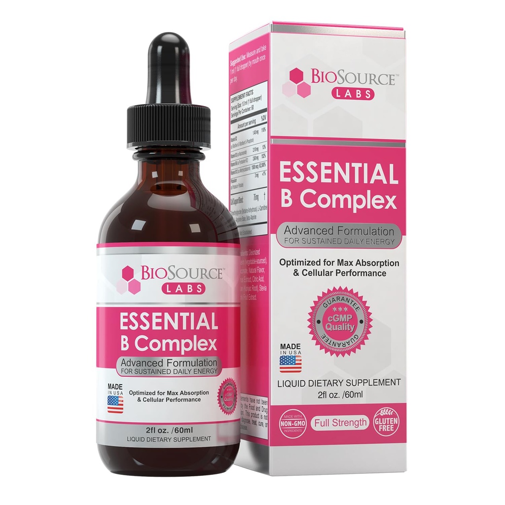 BioSource Labs Essential B Complex - Päivittäinen Vegaani B-vitamiini-Complex Alalingutive Liquid Drops w/Metyyli B12 (2oz / 60 ml pullo) - 60 päivän toimitus