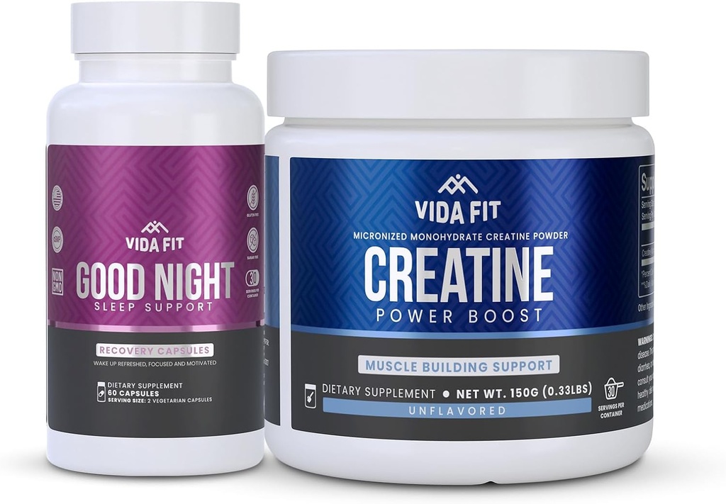 Good Night Natural Sleep Aid (60 kapselia) & Micronized Creatine Monohydraatti Powder (150 g) Bundle 