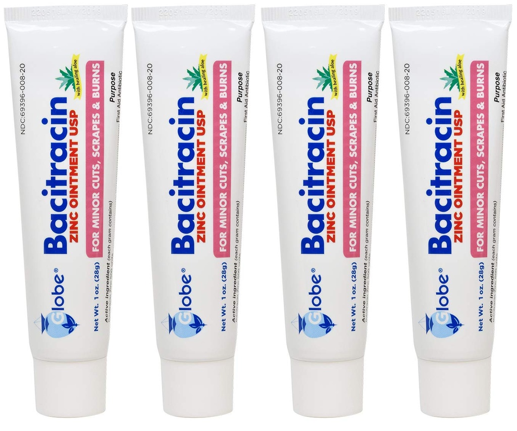 (4 pakkaus) Globe Bacitracin Sinkki Voide + Aloe 1oz, Antibiootti Voide, Essential Antibiootti ensiaputarvikkeet, Parannustoiminta, Suurin antibioottiteho, Ennaltaehkäisee infektioita haavoja, naarmuja, Palaa