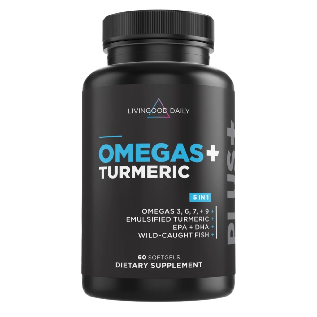 Livingood Daily Omega 3 6 9 Plus Turmeric Curcumin täydentää, 60 Softgels - Fish Oil Omega 3 täydentää (EPA & DHA) miehille ja naisille - aivot, nivelet, sydänterveys, ja aineenvaihdunta - valmistettu Yhdysvalloissa