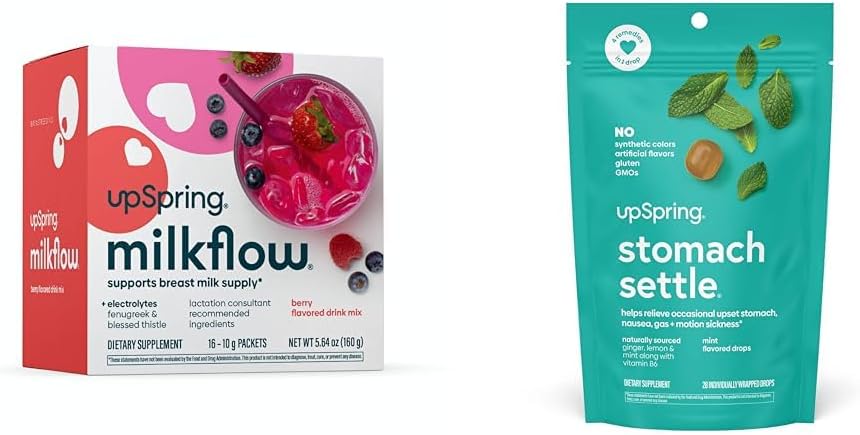 UpSpring Milkflow Elektrolyytti Imetys Supplement Drink Mix with Finugreek Smatch Settle Drops varten satunnainen Pahoinvointi Relief / Ypset Smach kanssa inkivääri, sitruuna, Spearmint, ja B6.
