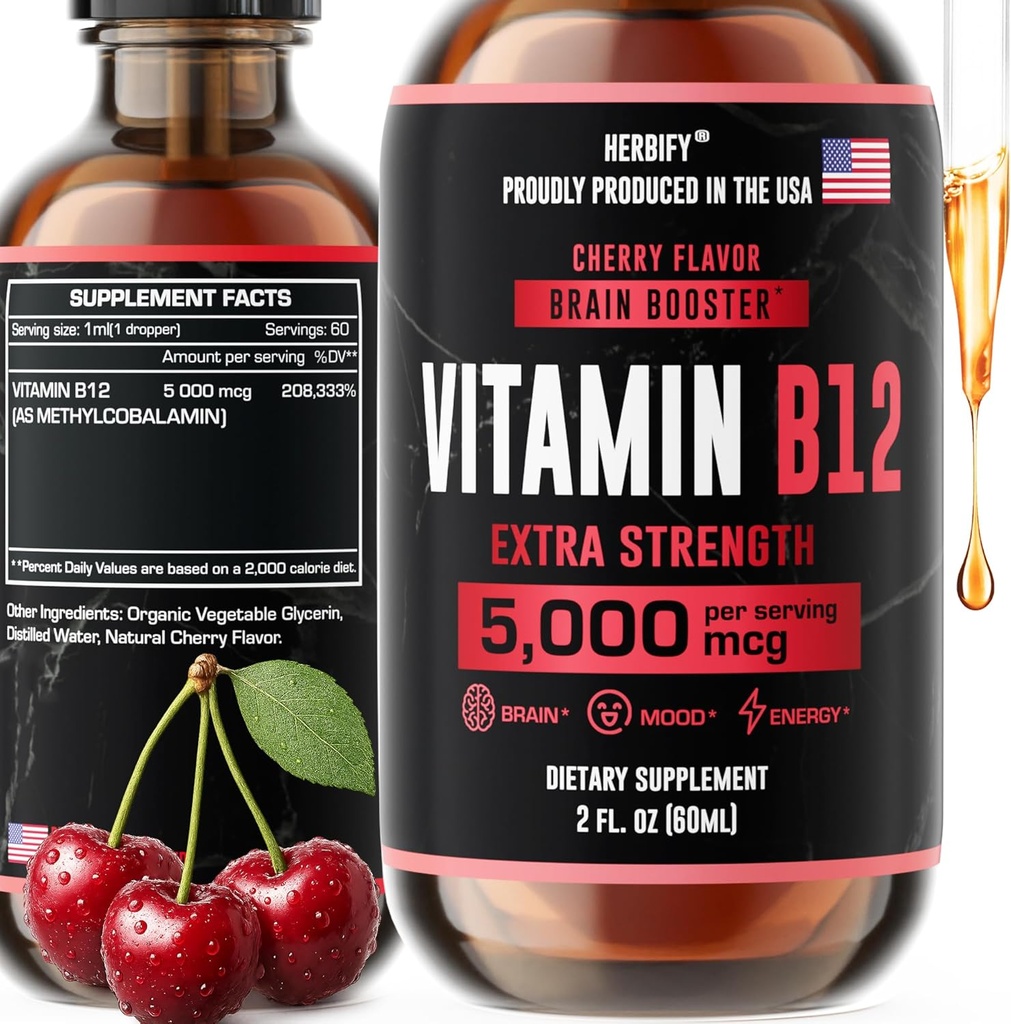 HERBIFY-vitamiini B12 Methodated Multivitamiini Energy Supplements for Women & Men - Liquid B12 Vitamiineja 5000 Mcg Methylcobalamiini - Energy Support and Immuuni Health Liquid Vitamiini 2 Oz
