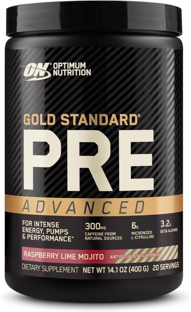 Optimum Nutrition Gold Standard Pre Treout Advanced, Creatine, Beta-Alanine, Micronized L-Citrulline ja kofeiini energia, Keto Friendly, Vadelma Lime Mojito, 20 Tarjoilut