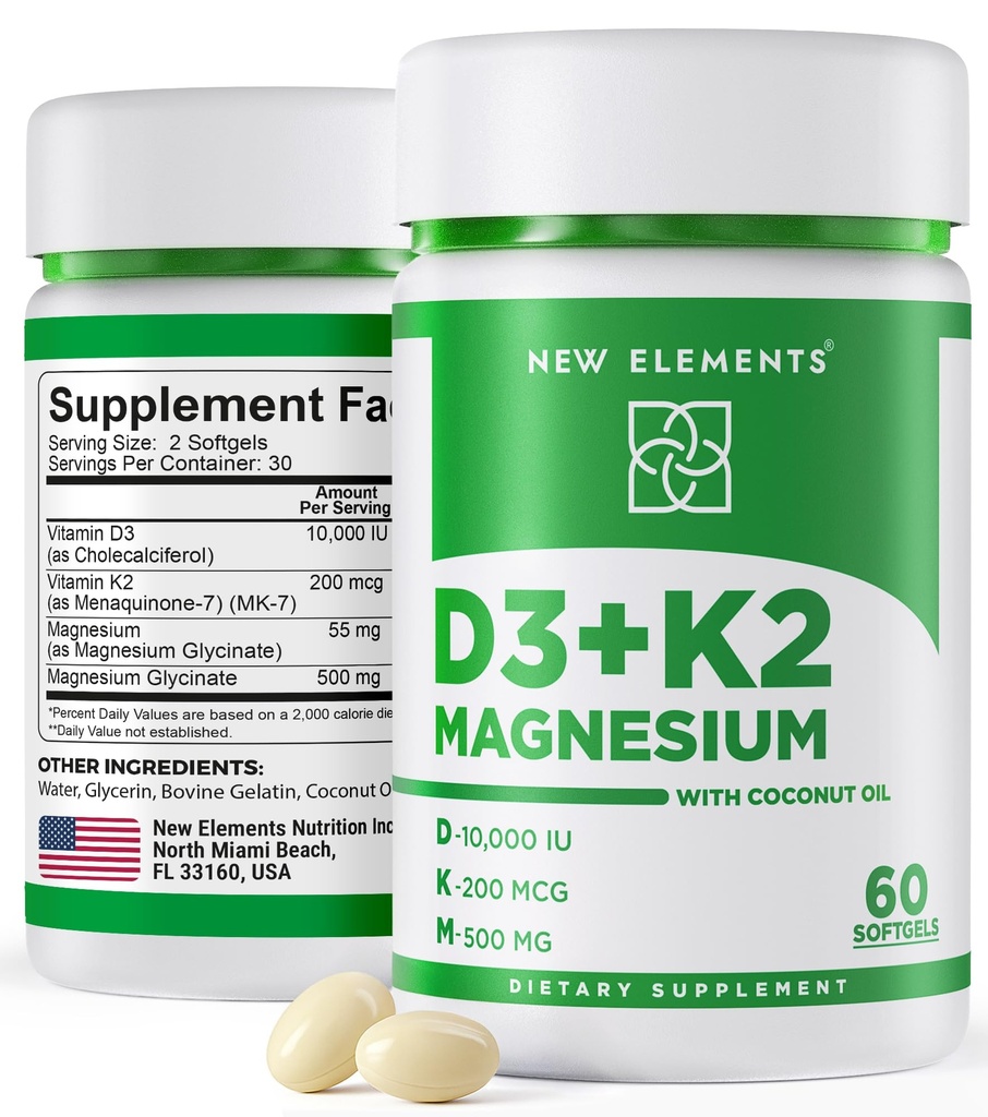 Uudet elementit D3 K2 10 000 IU magnesiumglykinaatti 500 mg - luunterveys, immuunituki, energia & mieliala - ei-muuntogeenisiä organismeja, gluteenittomia, sokerittomia sohvia naisille ja miehille (60 softgelia)