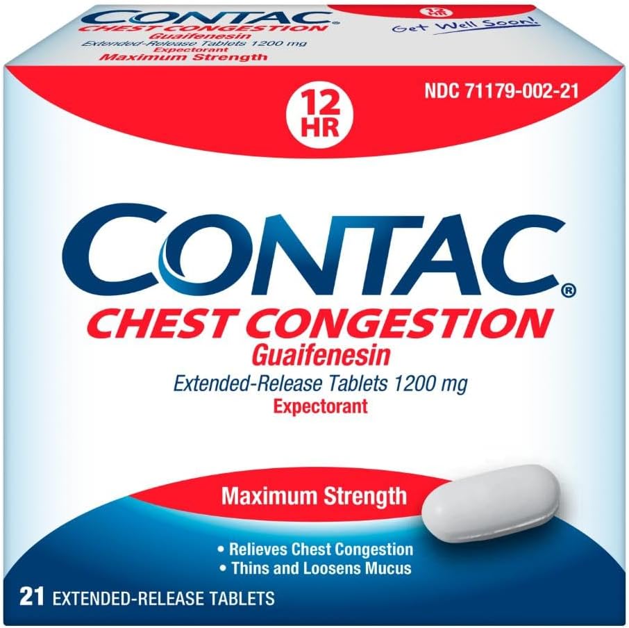 Contac Chest Congestion, Maximum Strength Expectorant Controls Cough and Thins and Loosens Mucus, Extended Release Tablets, Guaifenesin 1200 mg, Extended Release Tablets, 21