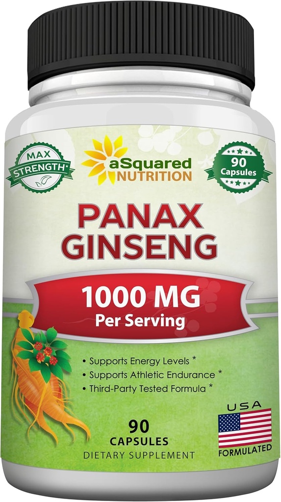 aSquared Nutrition Natural Korean Panax Ginseng (1000 mg Max Strength)-90 kapselit juuriuute Complex (punainen ja valkoinen), korkea annostus Ginsenosidit siemeniä, Asian Powder täydennysosa,Tablet pillereitä energia