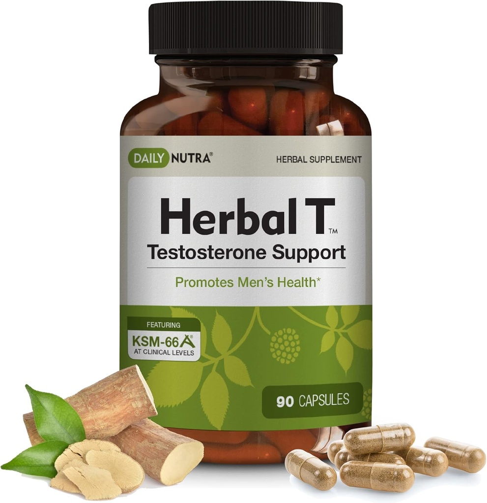 DailyNutra Herbal T Men's Health Formula Supplement for Endurance, Vitality, & Healthy Aging - med KSM-66 Ashwagandha, Tongkat Ali, Tribulus, Eleuthero och Horny Goat Weed (90 kapslar)