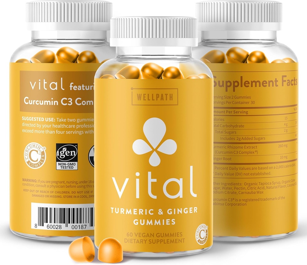 WellPath Vital Turmeric Gummies + Ginger - Joint Support Curcumin Supplement, Turmeric Curcumin C3 Complex, Tasty Alternative till Capsules, Turmeric & Ginger Root, Tropical Flavor Chews, Vegan, 60 Ct