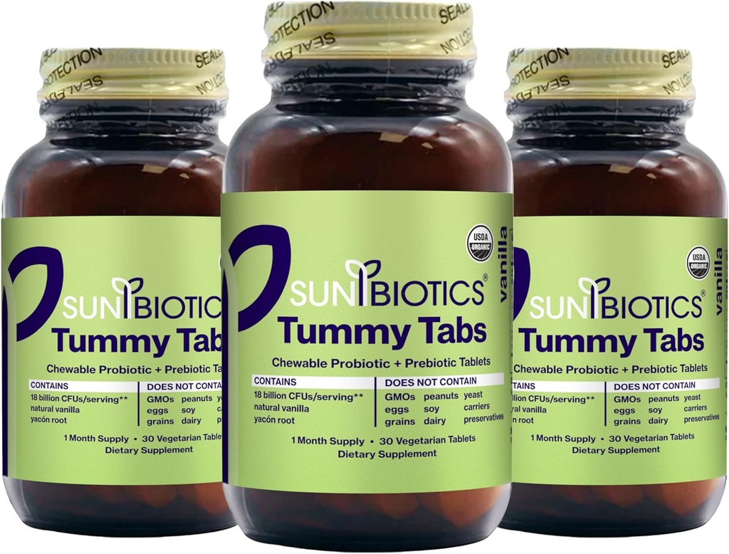 SUNBIOTICS Mahavälilehdet - pureskeltavat Probiootit ja prebiootit tabletit 18 miljardia PMY 4 Probioottikannat Good Gut Flora, Immunomy System, & Balanced Microbiome - Vanilla, (paketti 3)