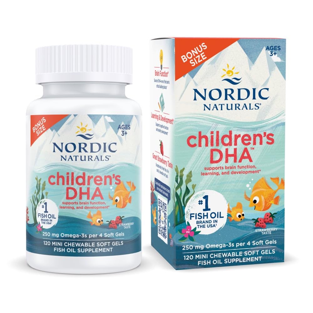 Nordic Naturals Children's DHA, Strawberry - 120 Mini Chewable Soft Gels för barn - 250 mg Omega-3 med EPA & DHA - Brain Development & Function - Non-GMO - 30 portioner