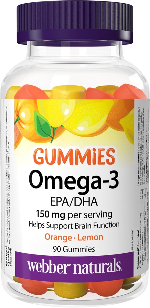 Webber Naturals Omega-3 Gummies 50 mg EPA/DHA · EPA/DHA, Orange · Cherry · Sitruuna, 90 Gummies