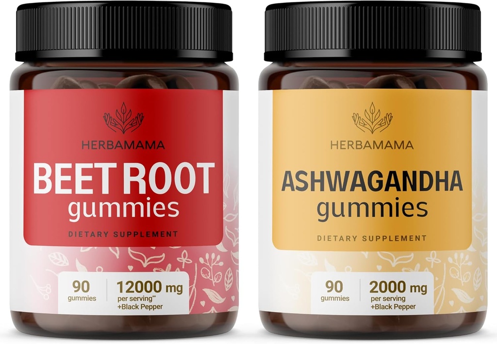 HERBAMAMA Beet Root och Ashwagandha Kit - Bundle på 12000 mg Beet Root med Black Pepper & 2000 mg Ashwagandha Root Gummies - Vegan, Gelatin-Free, Non-GMO