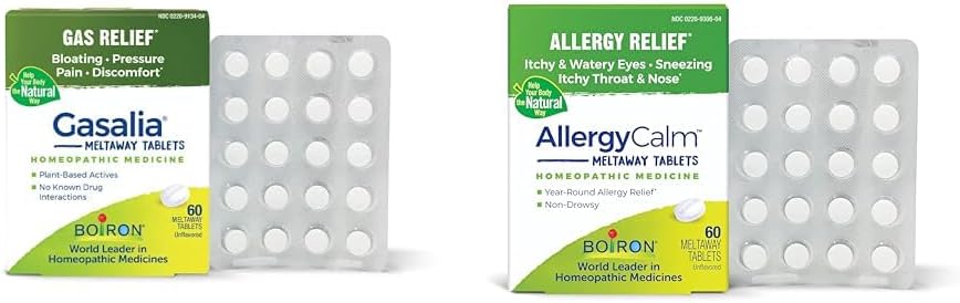 Boiron Gasalia Tabletit 60 Count and AllergiaCalm Tabletit 60 Count for Relief from Gas, Bloating, Allergies, and Hay Fever