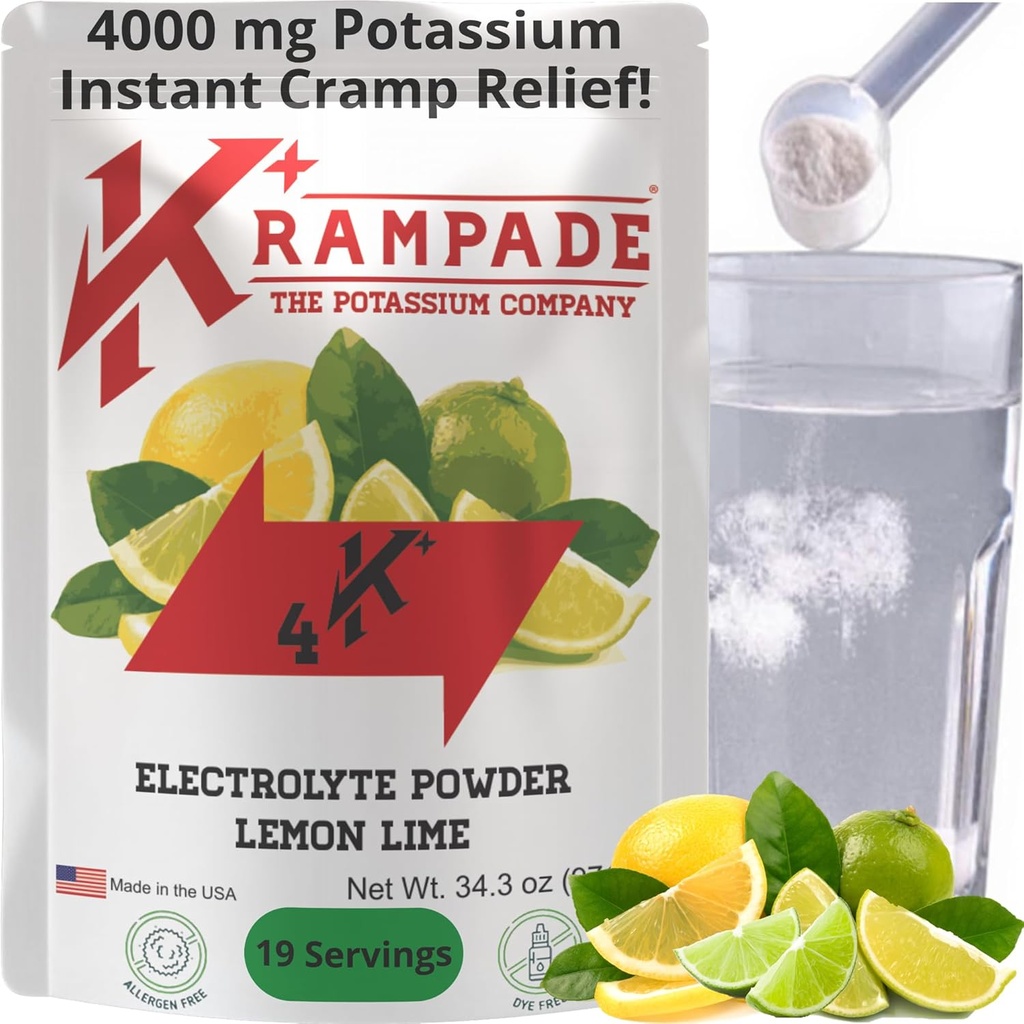 Krampade Original Lemon Lime 4K, 4000 mg Kalium Instant Cramp Relief Electlyte Drink Powder ... Suunniteltu urheilijoille ja Crampersille 19-Serving Resealable Pouch
