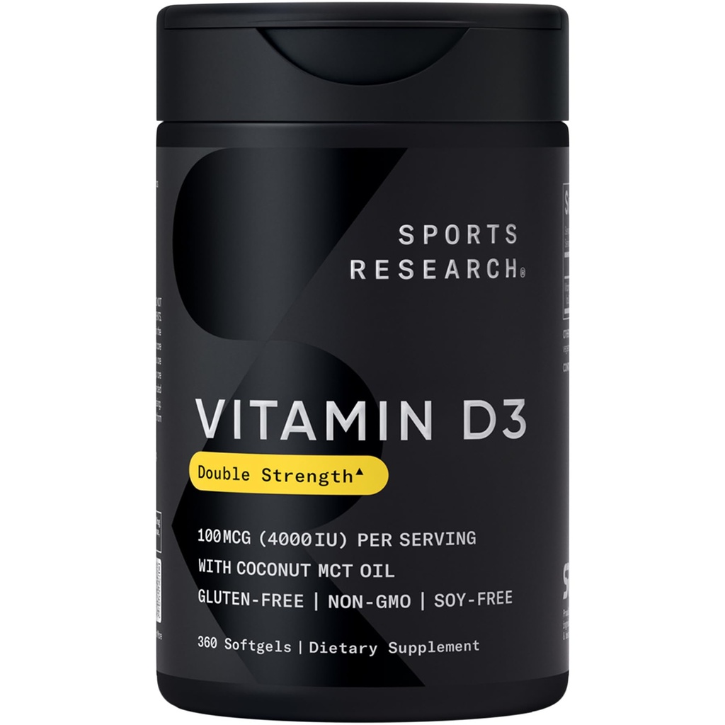 Sports Research® D3-vitamiinia 4000 IU Cococonut MCT Oil - Double Strength D-vitamiini täydentää - Gluteeniton · ei-GMO · soijaton - 360 Count Softgels
