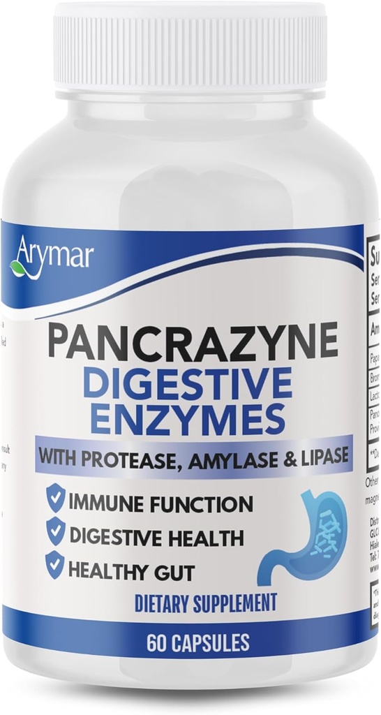 Arymar Pancrazyne Probiotics, Digestive Enzymes med Amylase, Protease, Lipase & Lactobacillus, Gut Health & Digestive Support Supplement, 60 kapslar