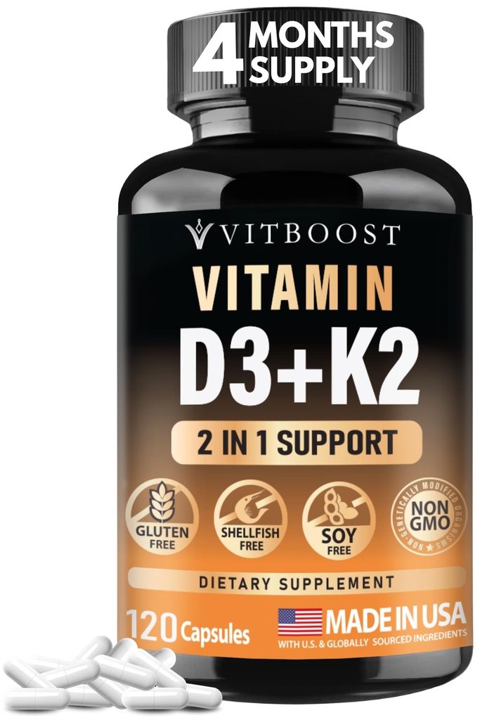 VITBOOST D3-vitamiini K2 Complex - Helppo niellä - D-vitamiini (D3) 5000 IU (125 mikrog) & K2(MK-7) 90 mikrog