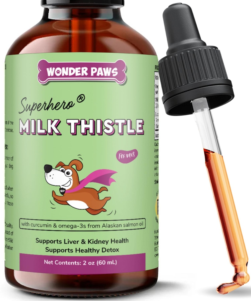 Wonder Paws Milk Thistle, Liver Support för hundar, stöder njurfunktion för husdjur, Detox, Hepatic Support, med Wild Alaskan Salmon Oil & Curcumin, Omega 3 EPA & DHA (2 Oz)