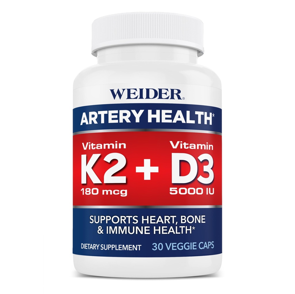 Weider Artery Health for Heart, Immune and Bone Support med vitamin K2 (180mcg) & Vitamin D3 (5000iu), 30 Veggie Capsules