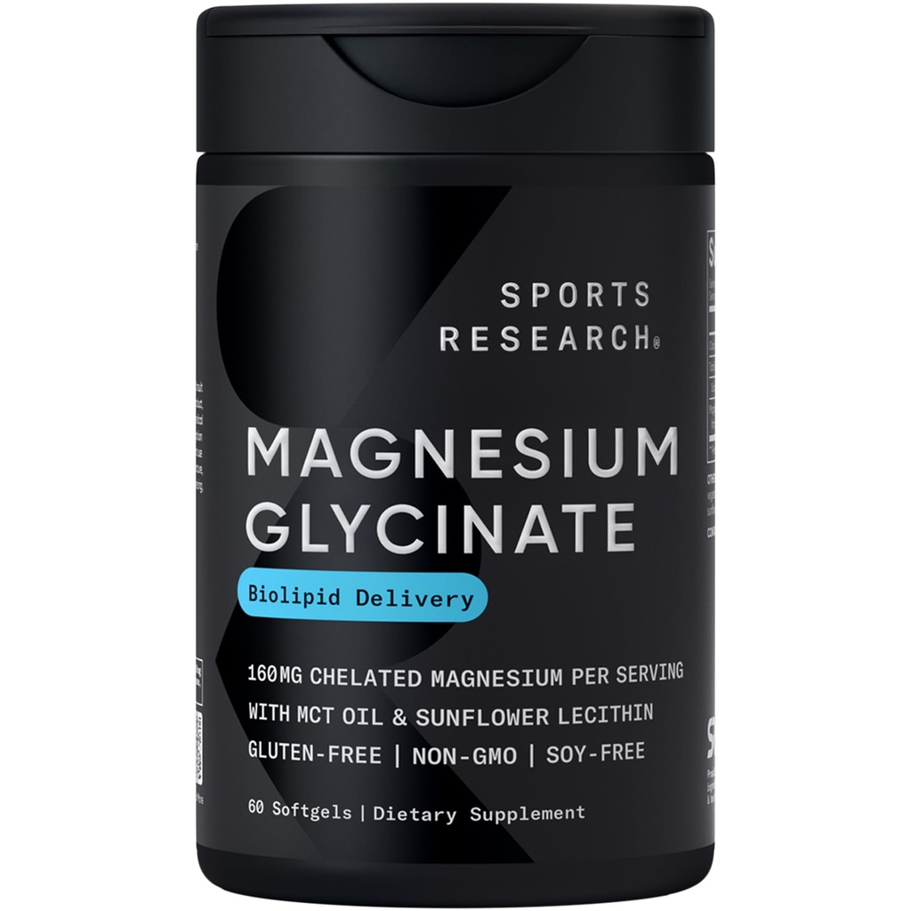 Sports Research® Magnesium Glycinate - Stöder Restful Sleep & Enzymatic Processes - 160 mg Chelated Magnesium - Liquid Softgel - 60 Count